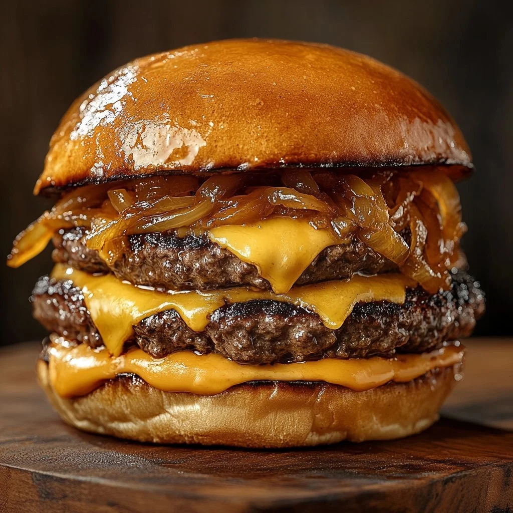 Delicious Flying Dutchman Burger with melted cheese and fresh toppings