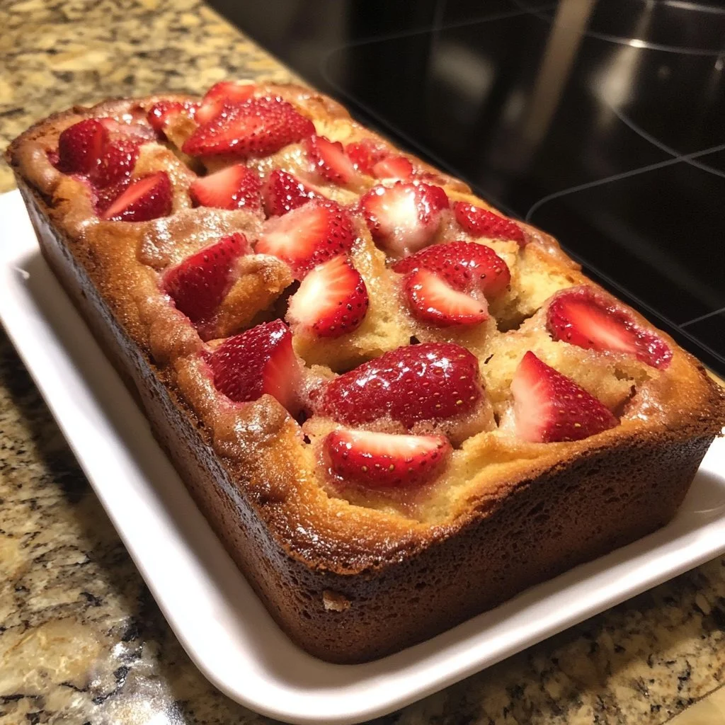 Loaf of fresh strawberry bread with strawberries on top.