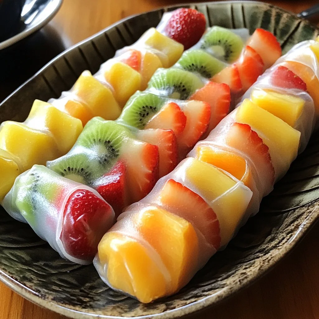 Colorful fruit spring rolls served on a plate, perfect for kids parties.