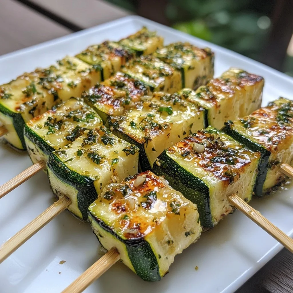 Garlic Butter Zucchini Skewers with herbs and spices on a grill plate