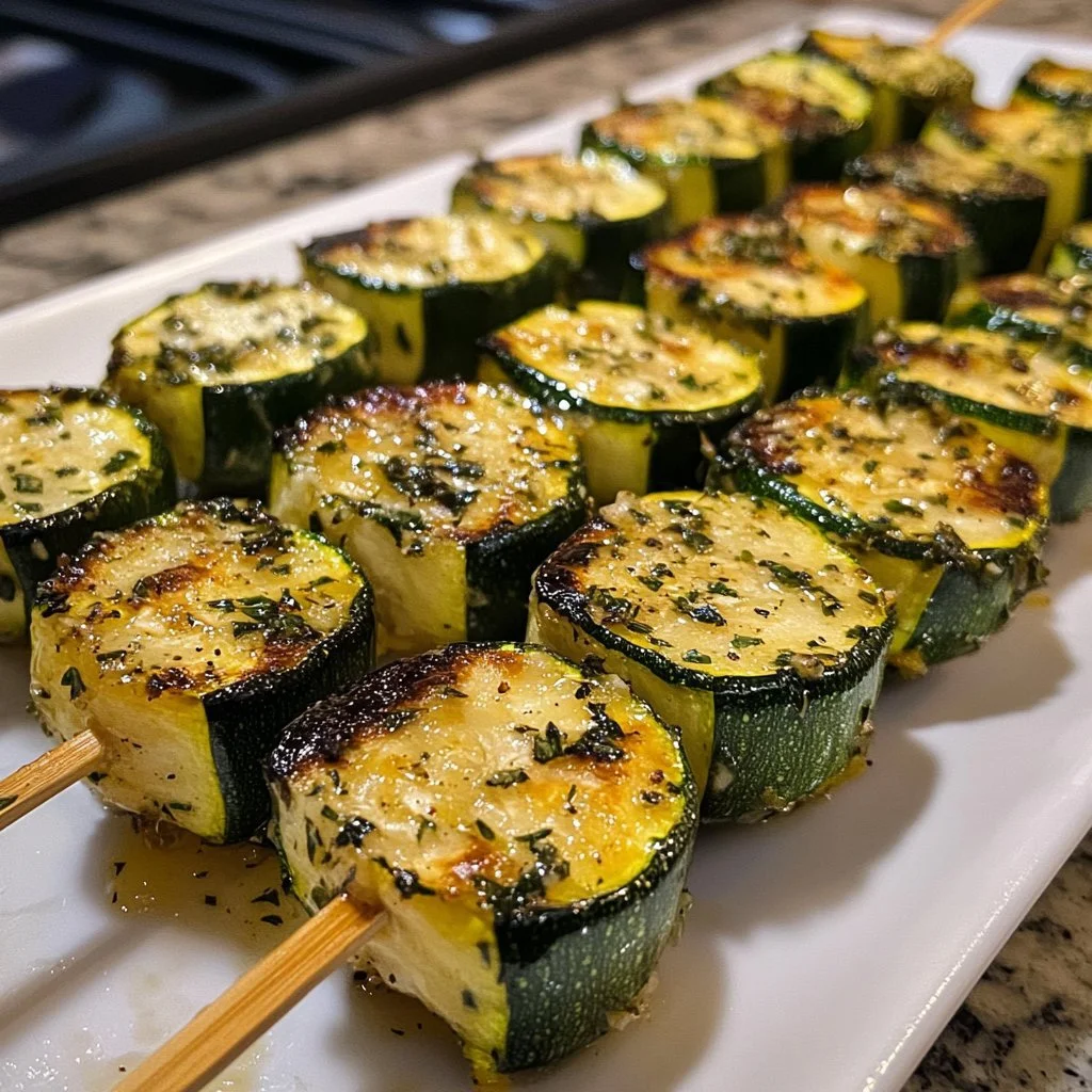 Garlic butter zucchini skewers on a grill, ready to serve.
