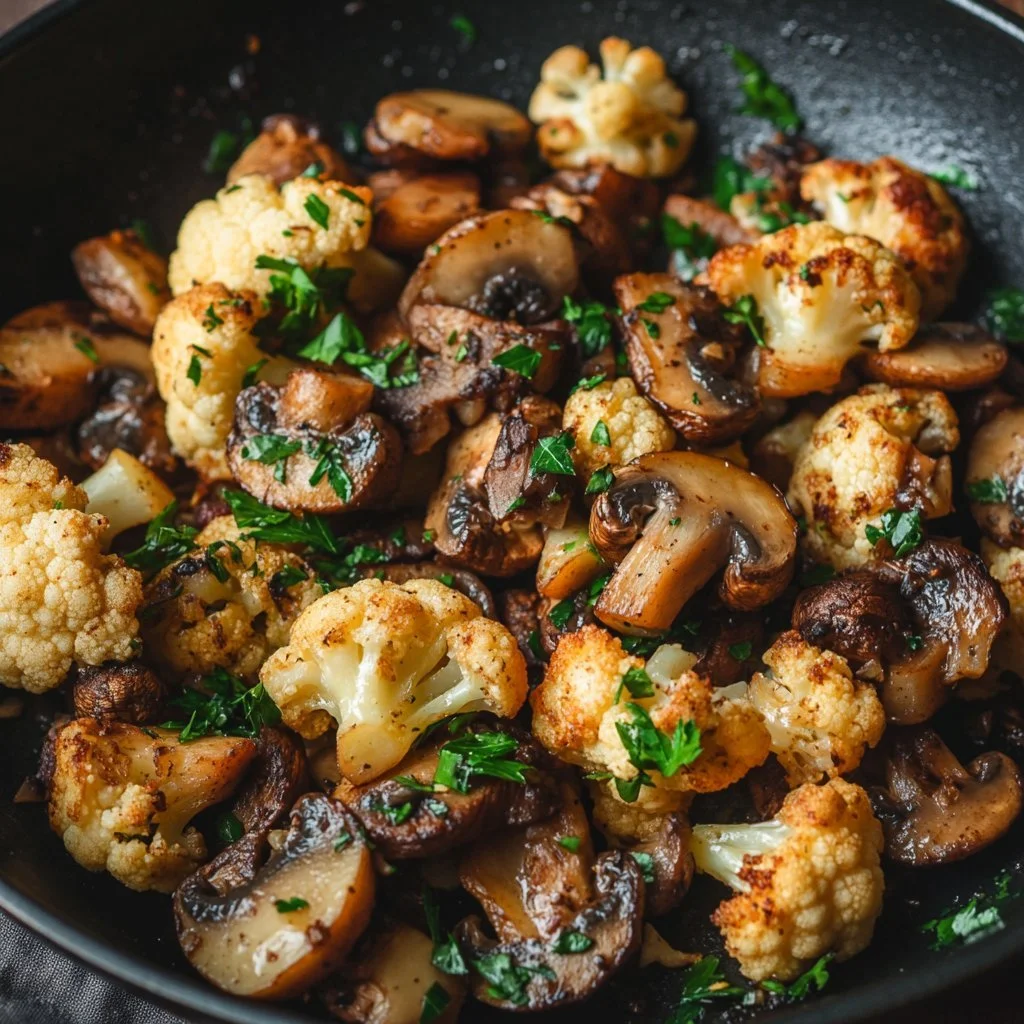 Garlic cauliflower mushroom skillet dish with fresh herbs