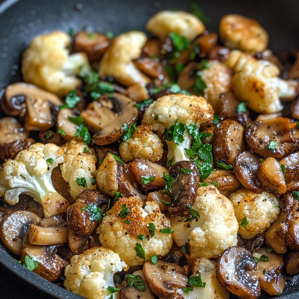 Garlic mushrooms and cauliflower skillet dish garnished with herbs