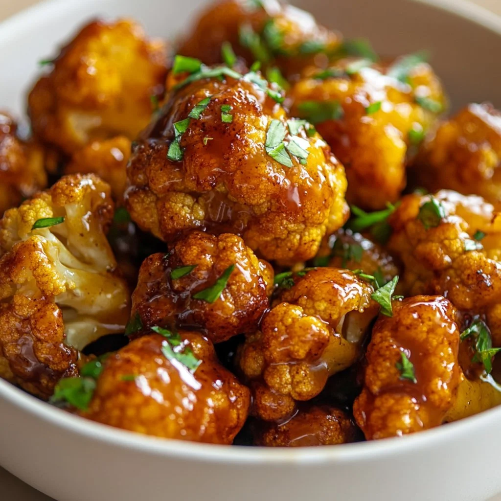 Delicious glazed baked cauliflower dish, garnished and ready to serve.