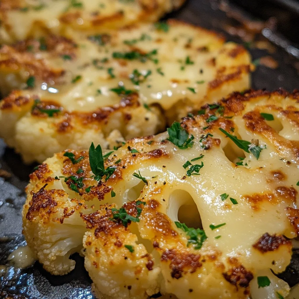 Golden Crusted Cheesy Cauliflower Steaks on a plate, garnished with herbs