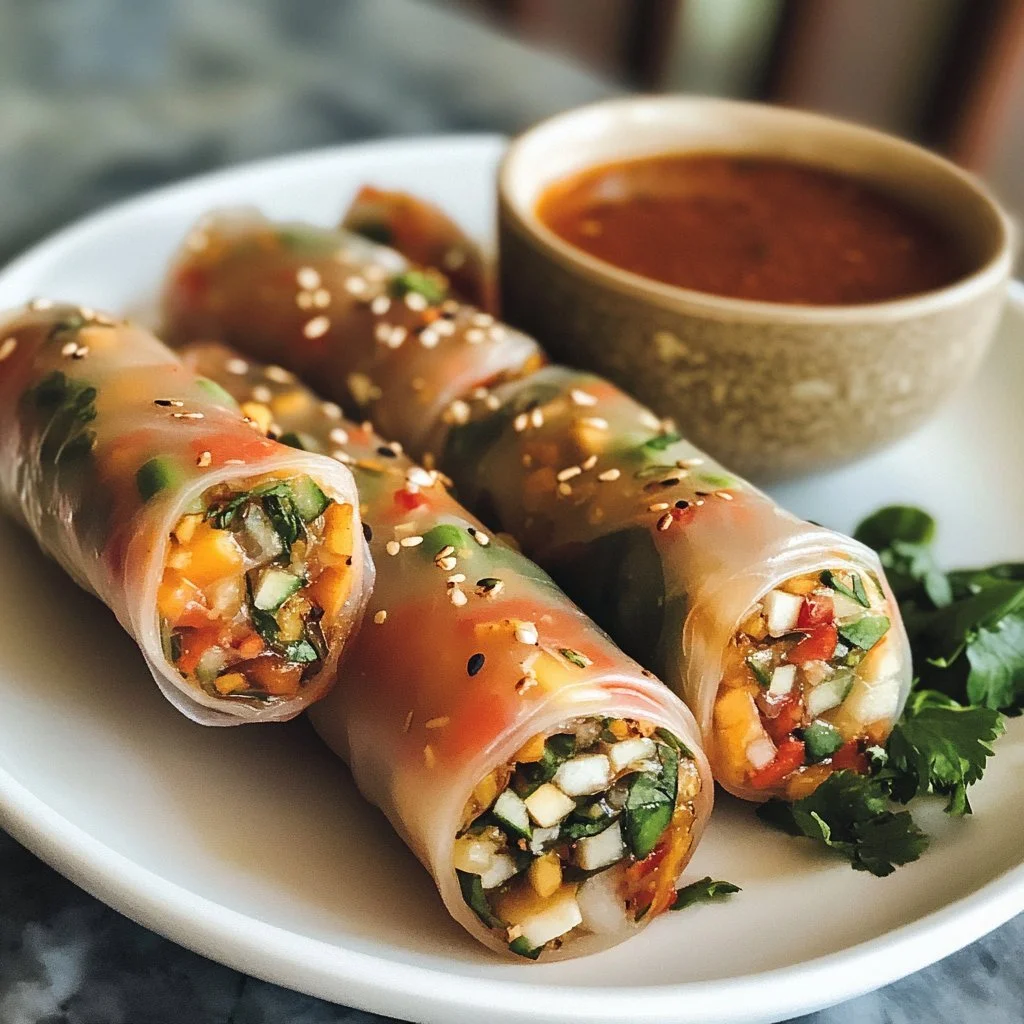 Grain-free spring rolls filled with fresh veggies and served with dipping sauce