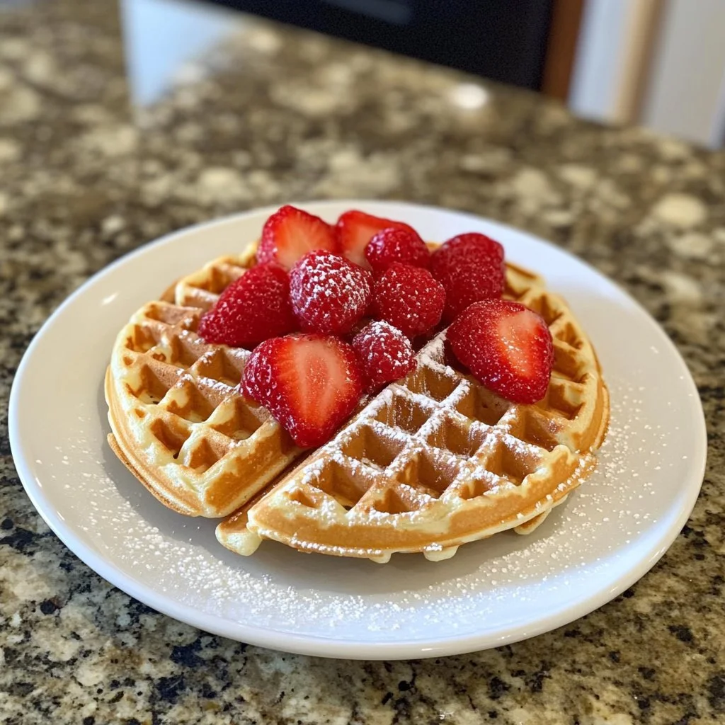 Delicious Grandma's homemade waffles served with fresh syrup and berries.
