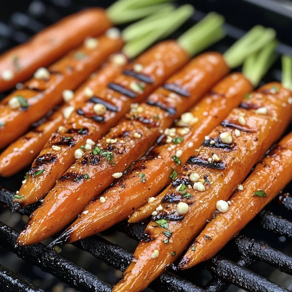 Grilled carrots glazed with a sweet sauce, served on a white plate