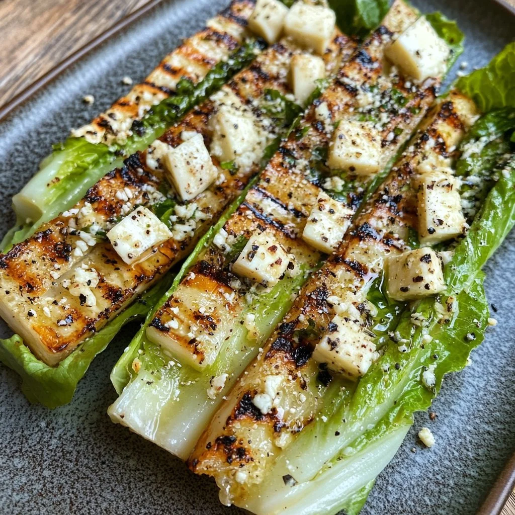 Delicious Grilled Romaine Caesar Salad garnished with parmesan and croutons