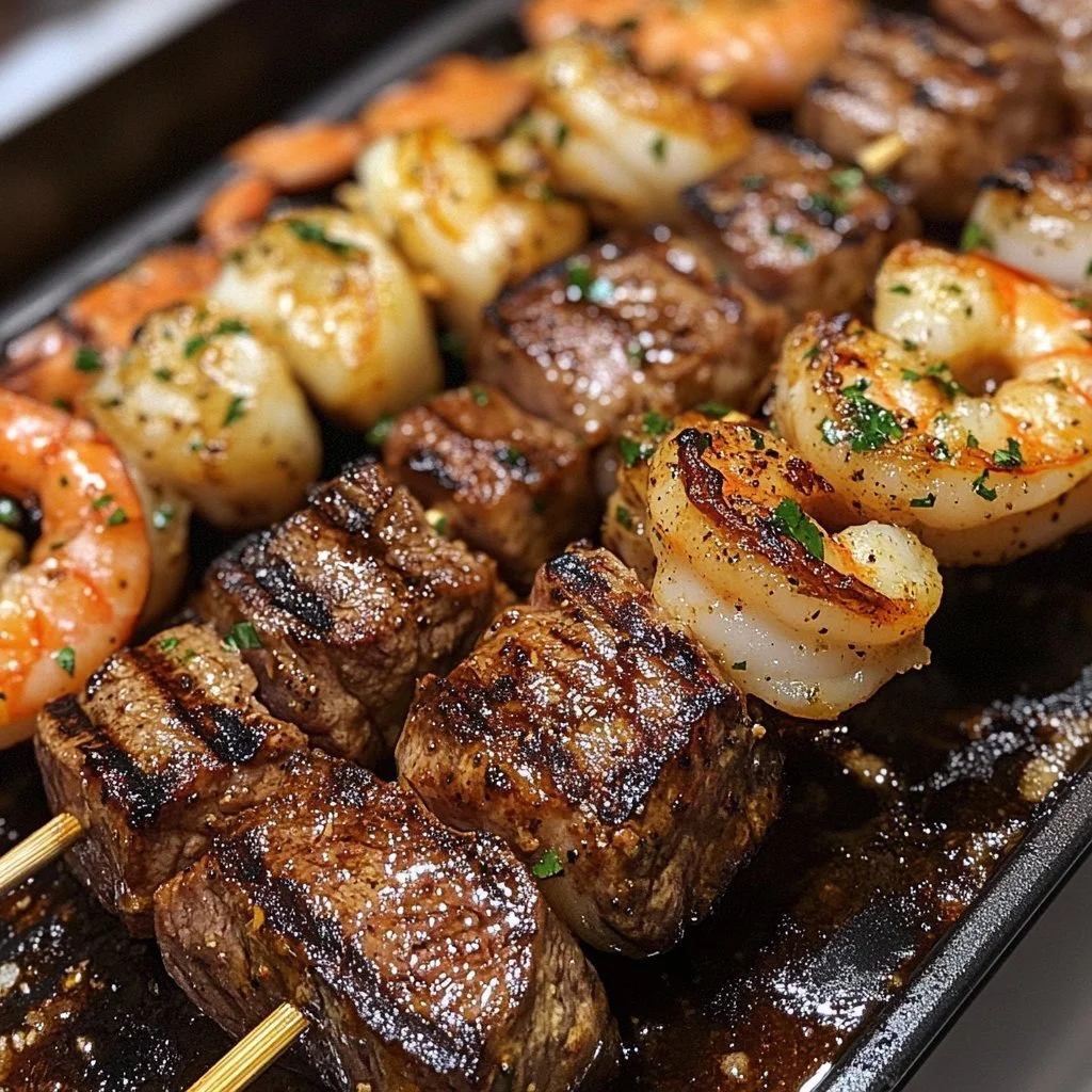 Grilled steak and shrimp skewers garnished with garlic butter on a platter