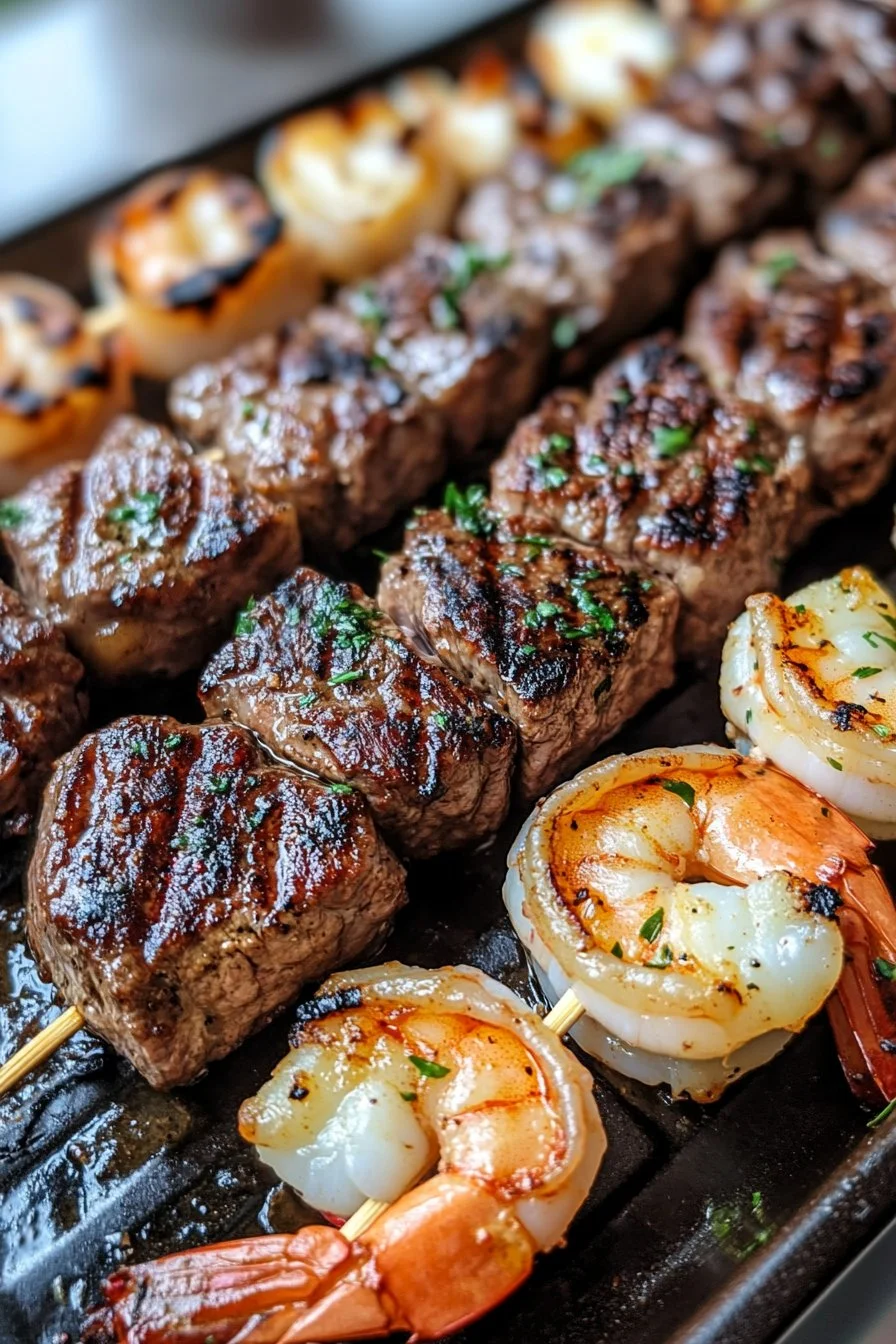 Grilled Steak and Shrimp Skewers with Garlic Butter