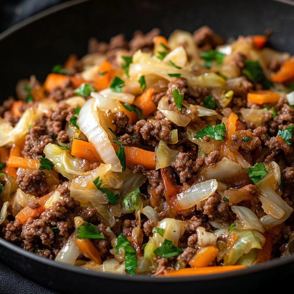 Ground Beef and Cabbage Skillet recipe with colorful ingredients in a skillet.