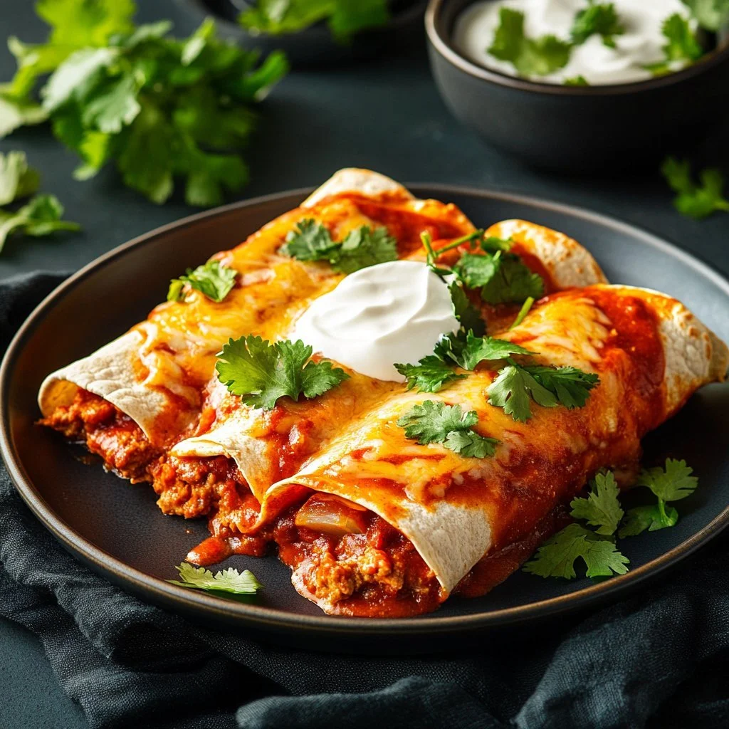 Delicious ground beef enchiladas topped with cheese and salsa on a plate.