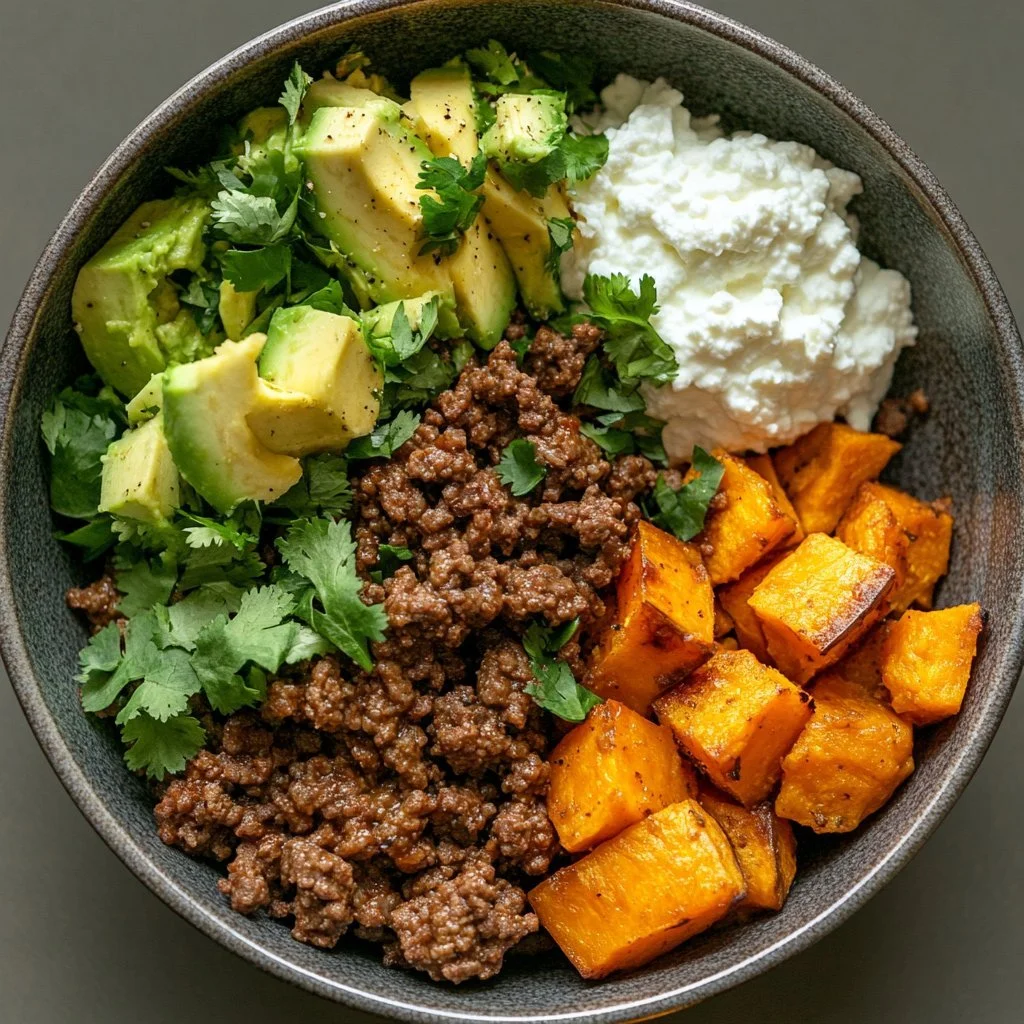 Delicious Ground Beef Hot Honey Bowl with honey drizzle and vibrant vegetables