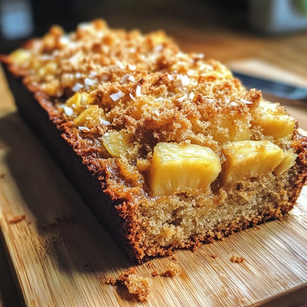 Delicious Hawaiian Banana Bread with chunks of pineapple and coconut garnish