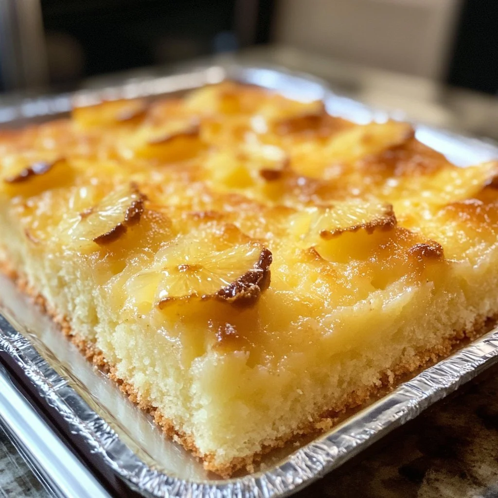 Delicious Hawaiian Poke Cake topped with tropical fruits and whipped cream