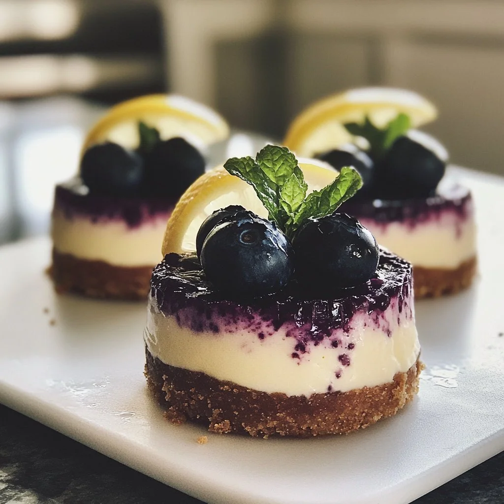 Healthy mini lemon blueberry cheesecakes topped with fresh blueberries and lemon zest.