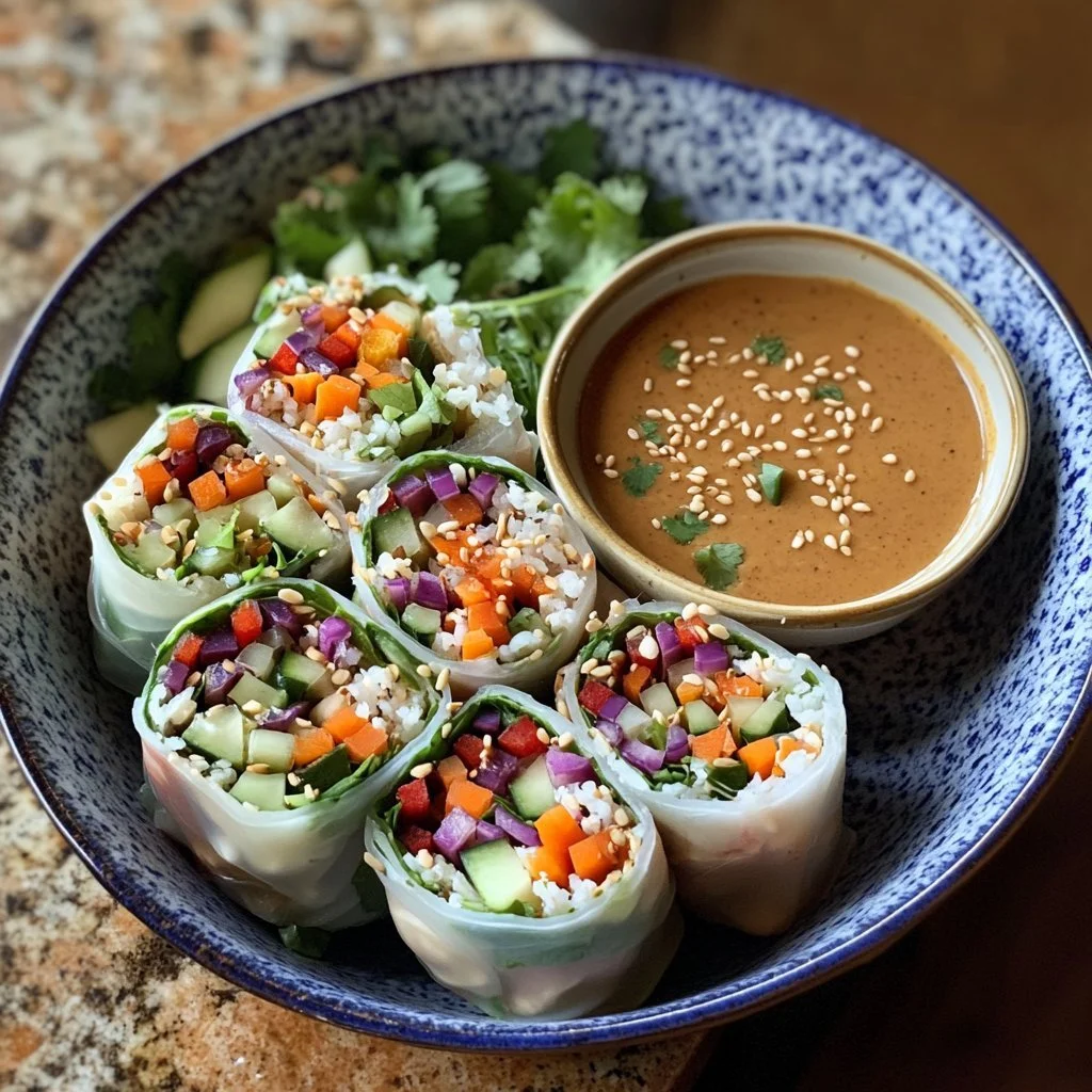 Hearty veggie rolls served with peanut sauce on a wooden plate