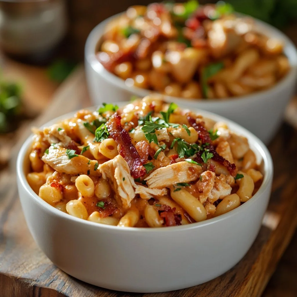 High Protein Honey BBQ Chicken Mac & Cheese served in a bowl with garnishes