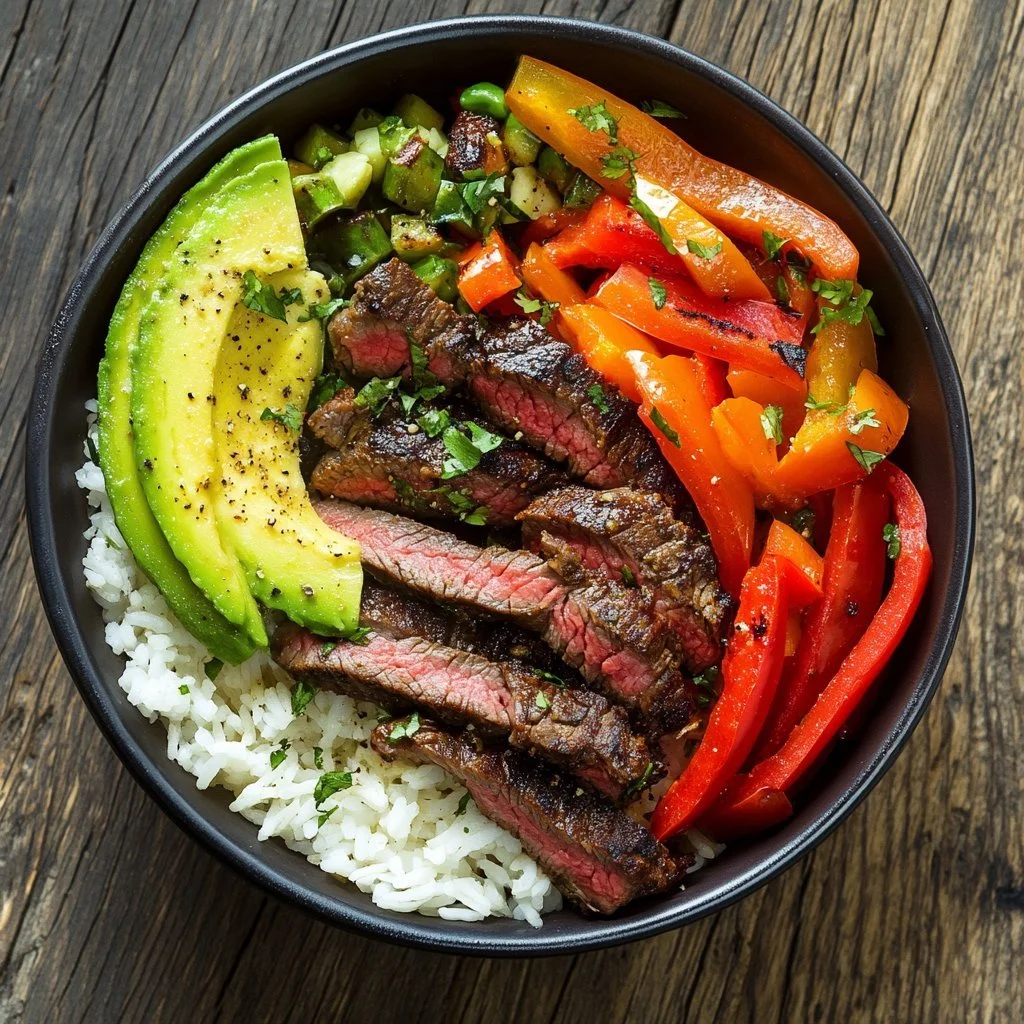 High protein steak fajita bowl with colorful vegetables and seasonings