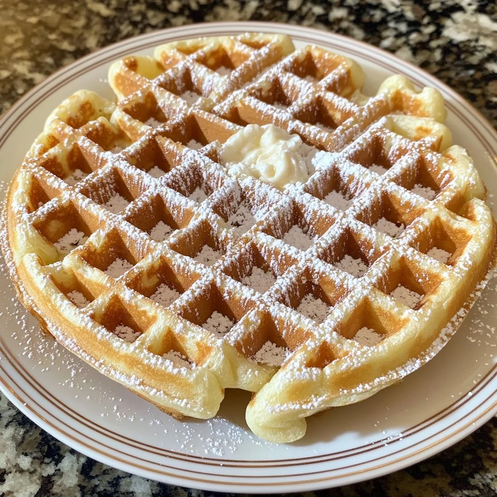 Delicious homemade Belgian waffle topped with syrup and berries