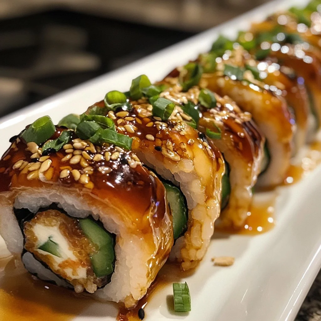 Homemade dragon rolls made with sushi ingredients and garnishes