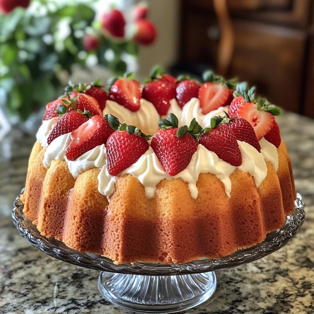 Homemade Strawberry Italian Cream Pound Cake with fresh strawberries and cream.