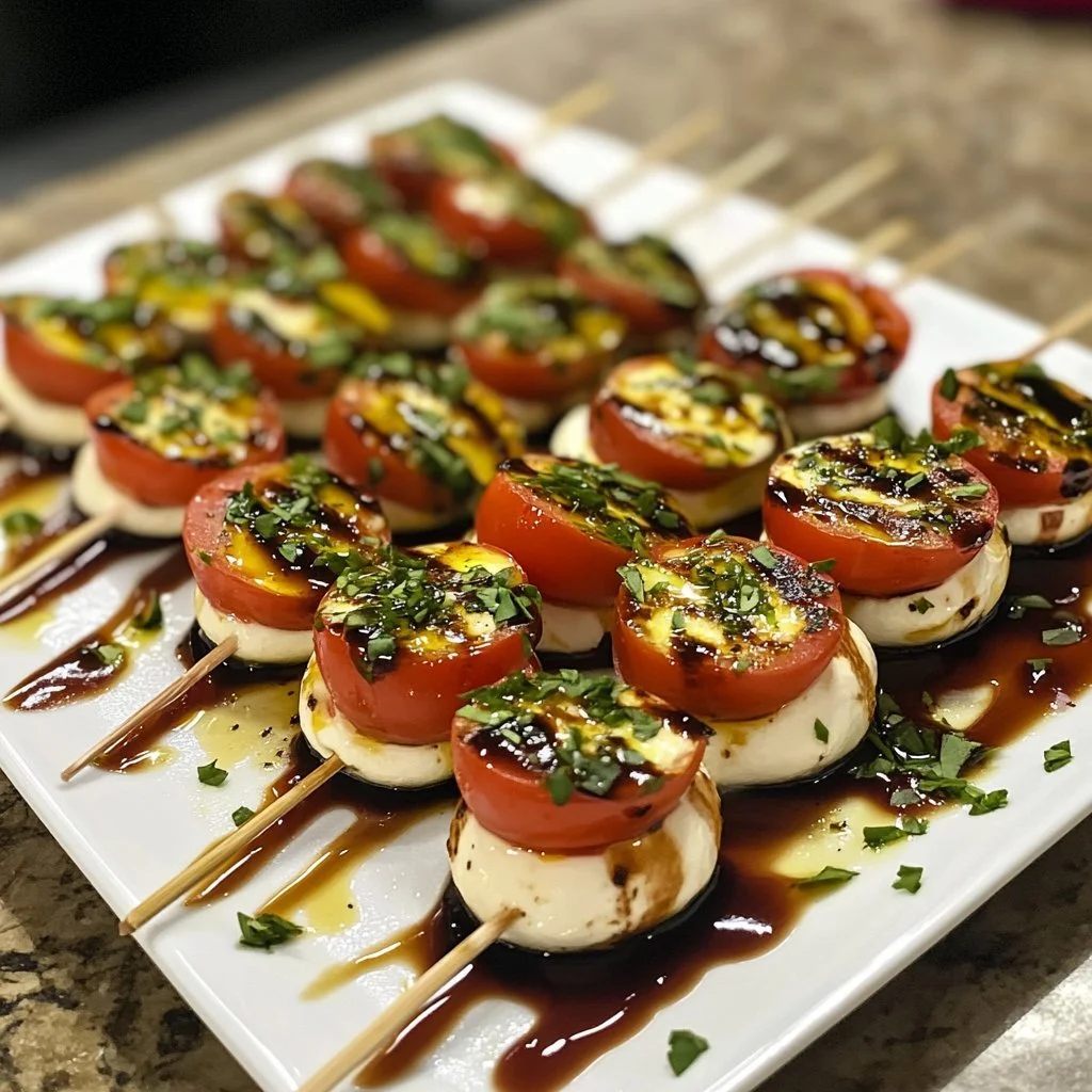 A platter of irresistible mini Caprese bites with tomatoes, mozzarella, and basil.