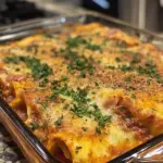 Delicious stuffed ham cannelloni topped with creamy sauce and herbs
