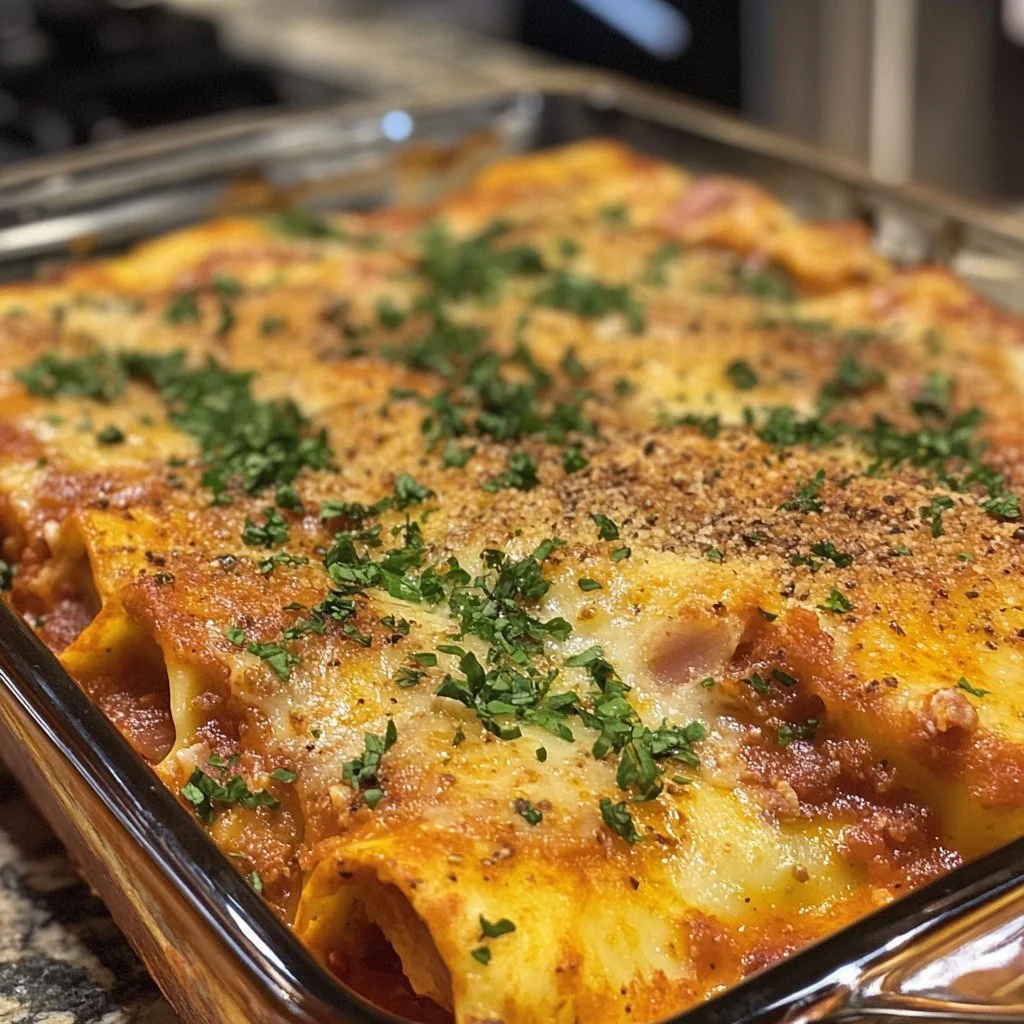 Delicious stuffed ham cannelloni topped with creamy sauce and herbs