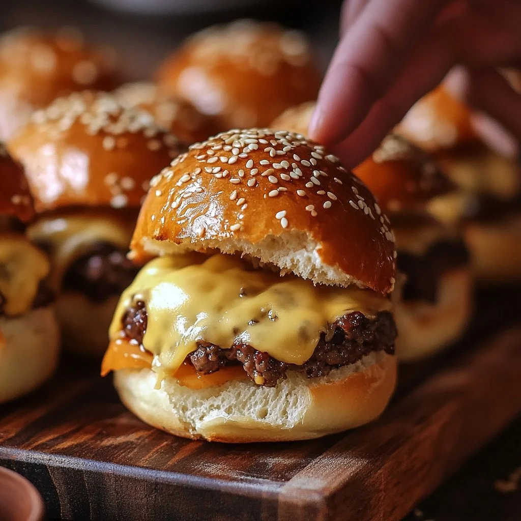 Delicious juicy cheeseburger sliders served on a platter.