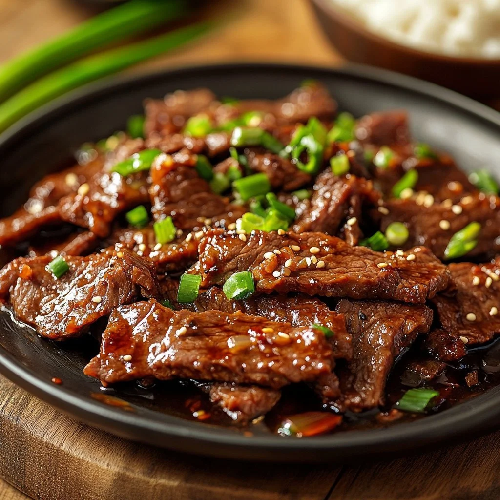A plate of Korean Beef Bulgogi with marinated beef and vegetables