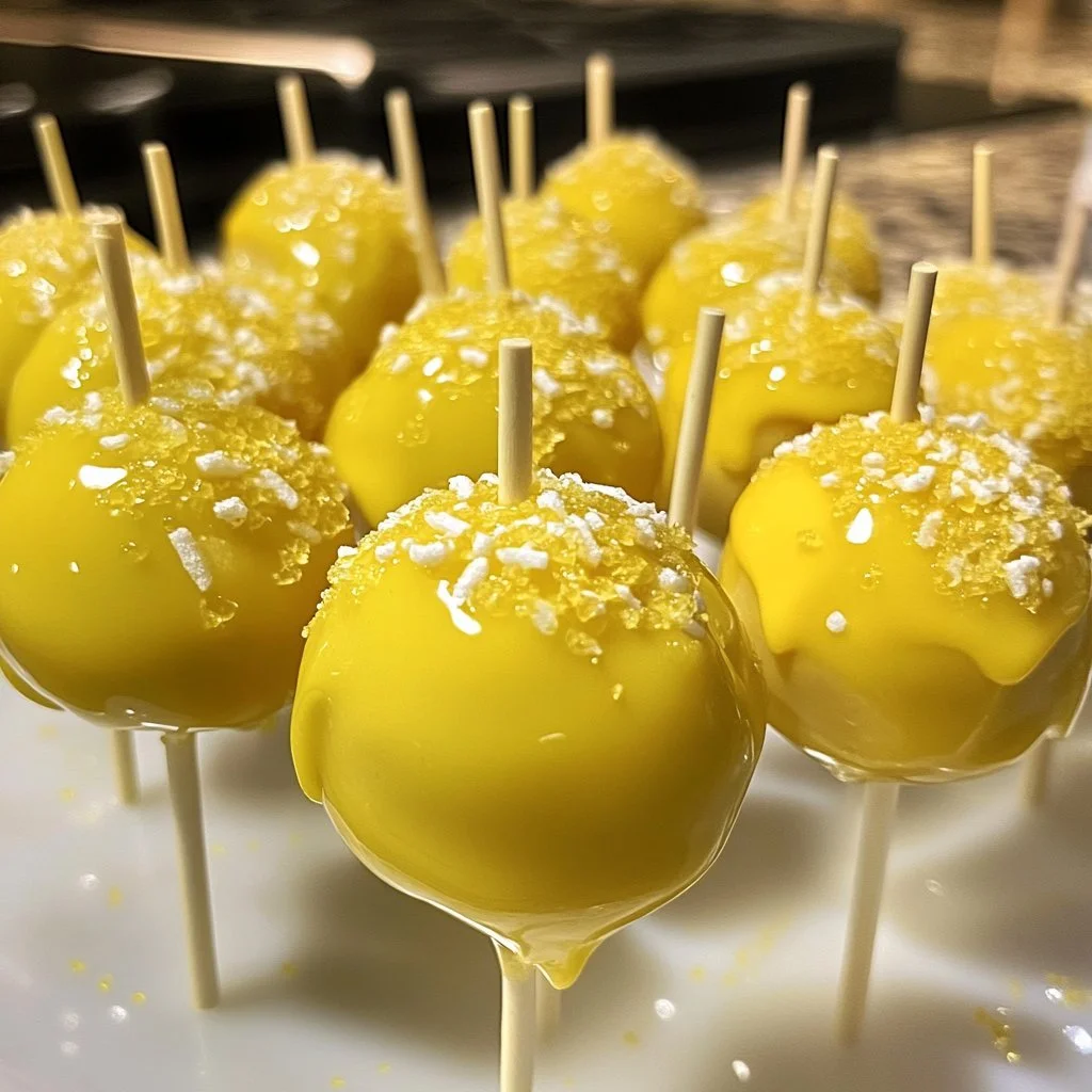 Delicious lemon cake pops decorated with sprinkles on a white background.