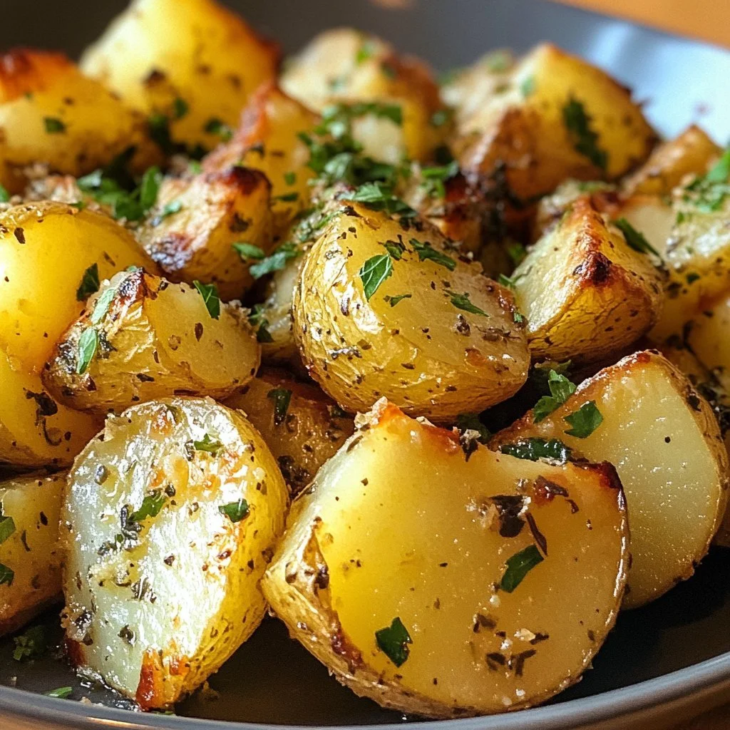 Lemon herb roasted potatoes garnished with fresh herbs and lemon slices