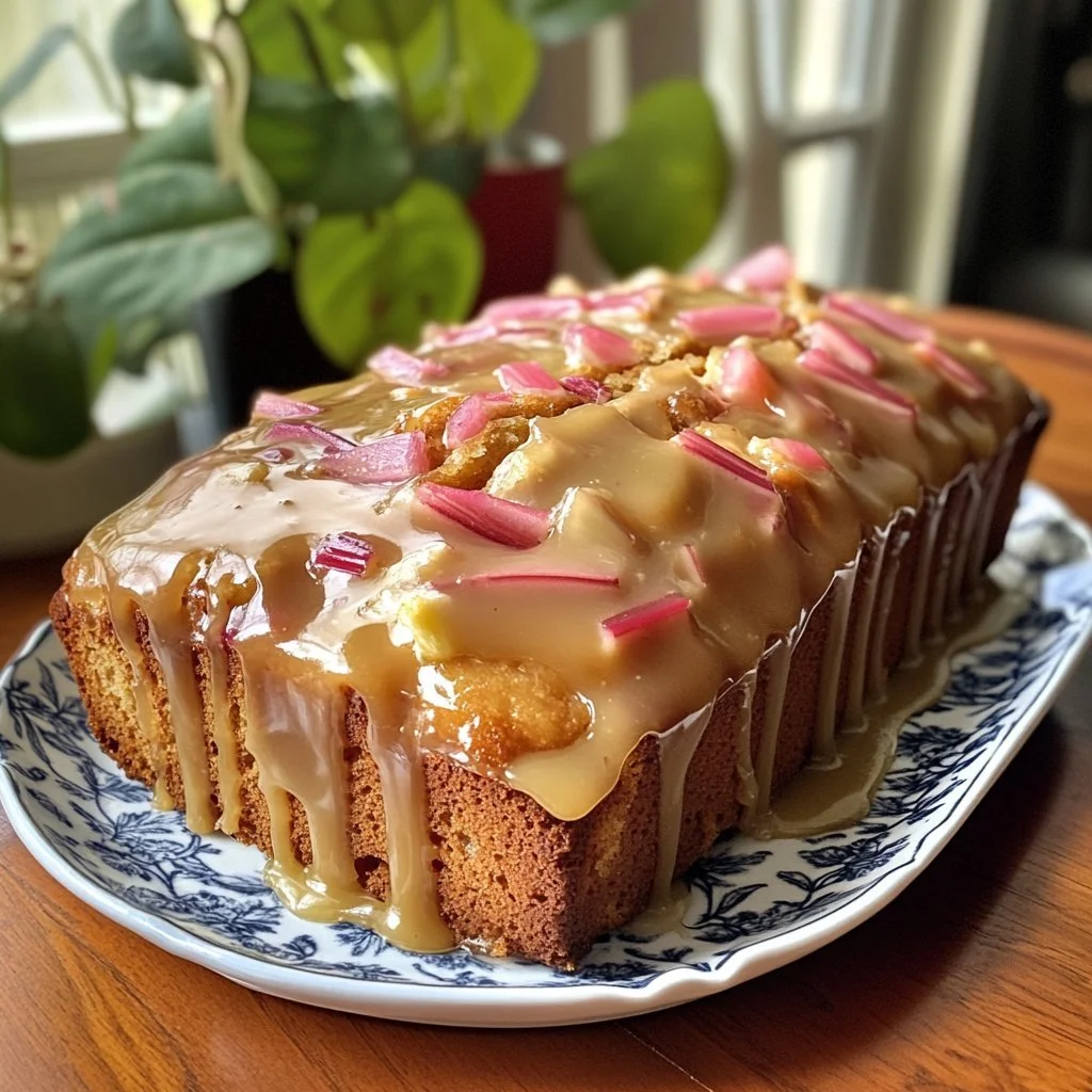 Sliced Lemon Rhubarb Loaf with Glaze on a wooden table