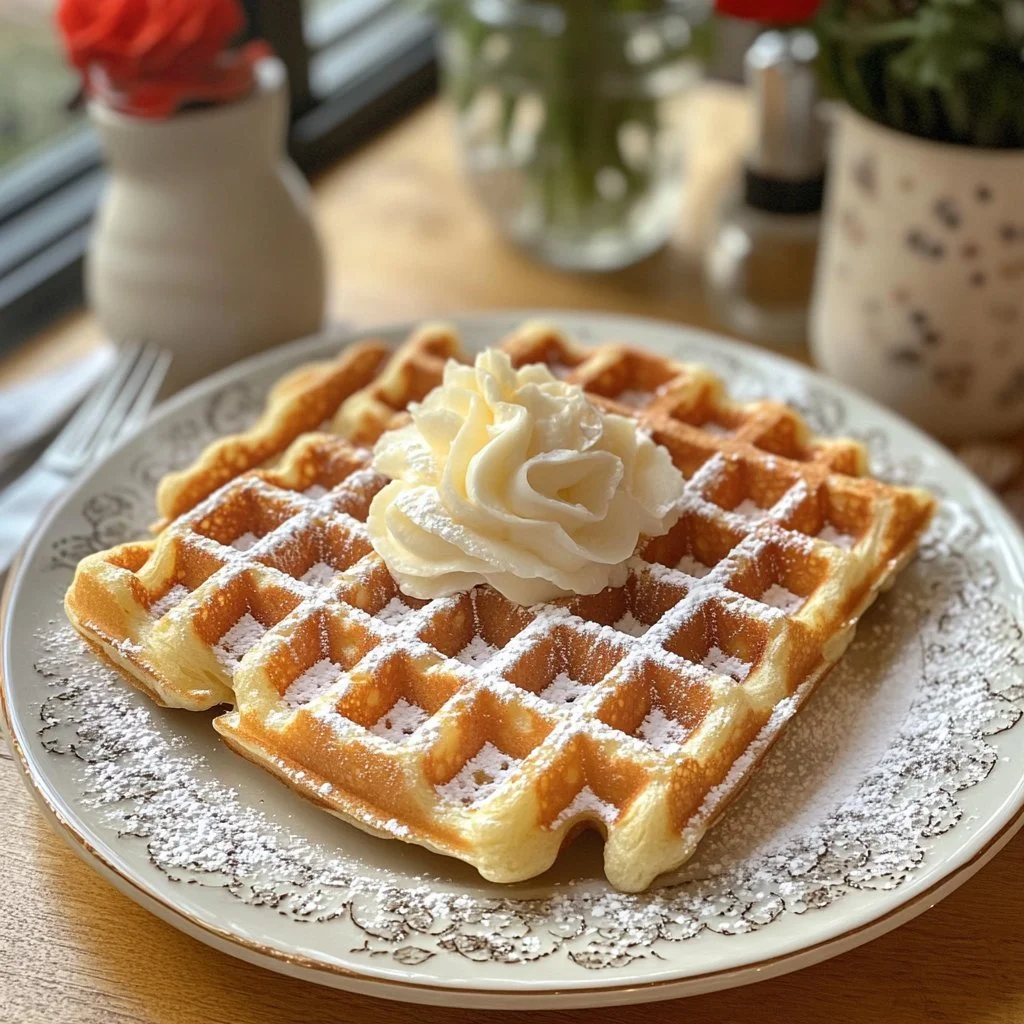 Delicious Liège waffles drizzled with chocolate and topped with powdered sugar.