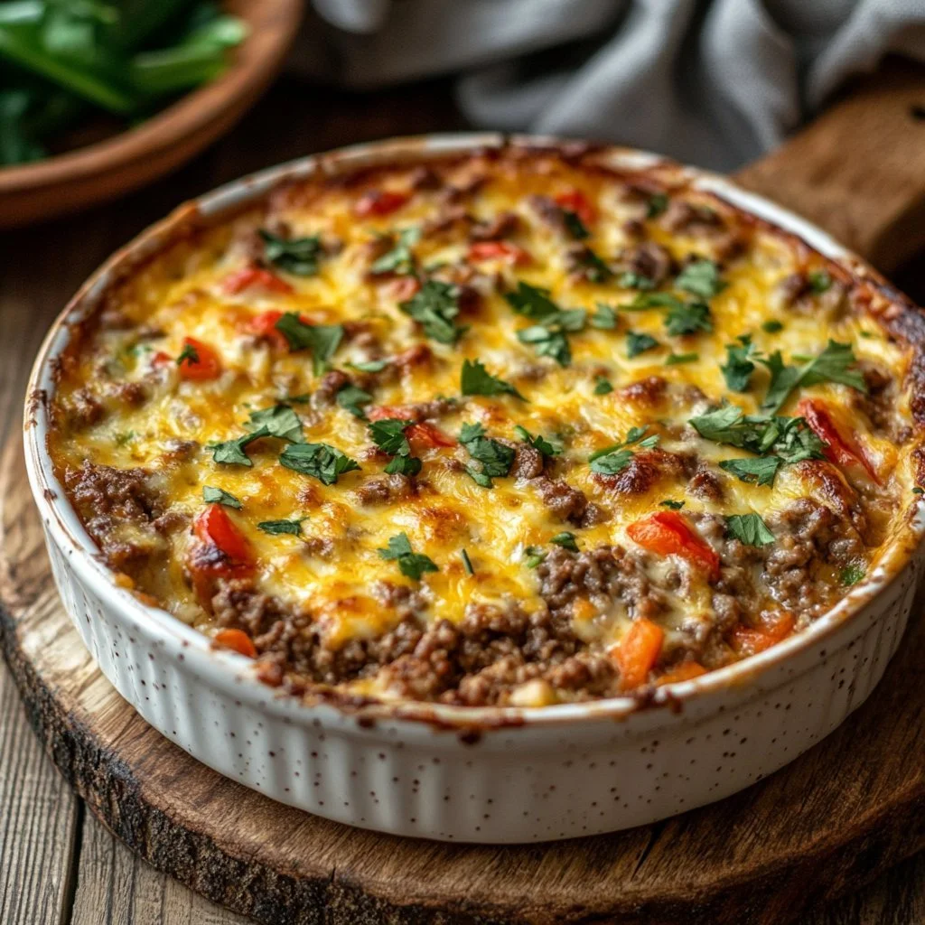 Low Carb Philly Cheesesteak Casserole with melted cheese and peppers