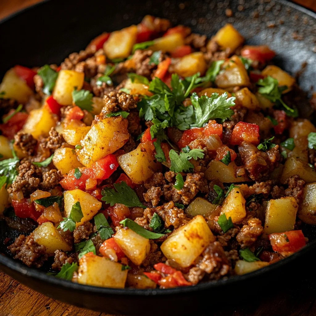 Mexican ground beef stir-fry with potatoes served on a plate