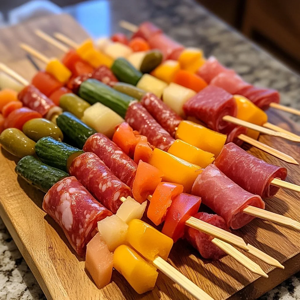 Mini charcuterie skewers arranged beautifully for a party appetizer.