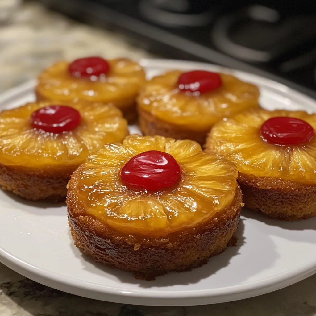 Mini pineapple upside down cakes displayed on a plate.