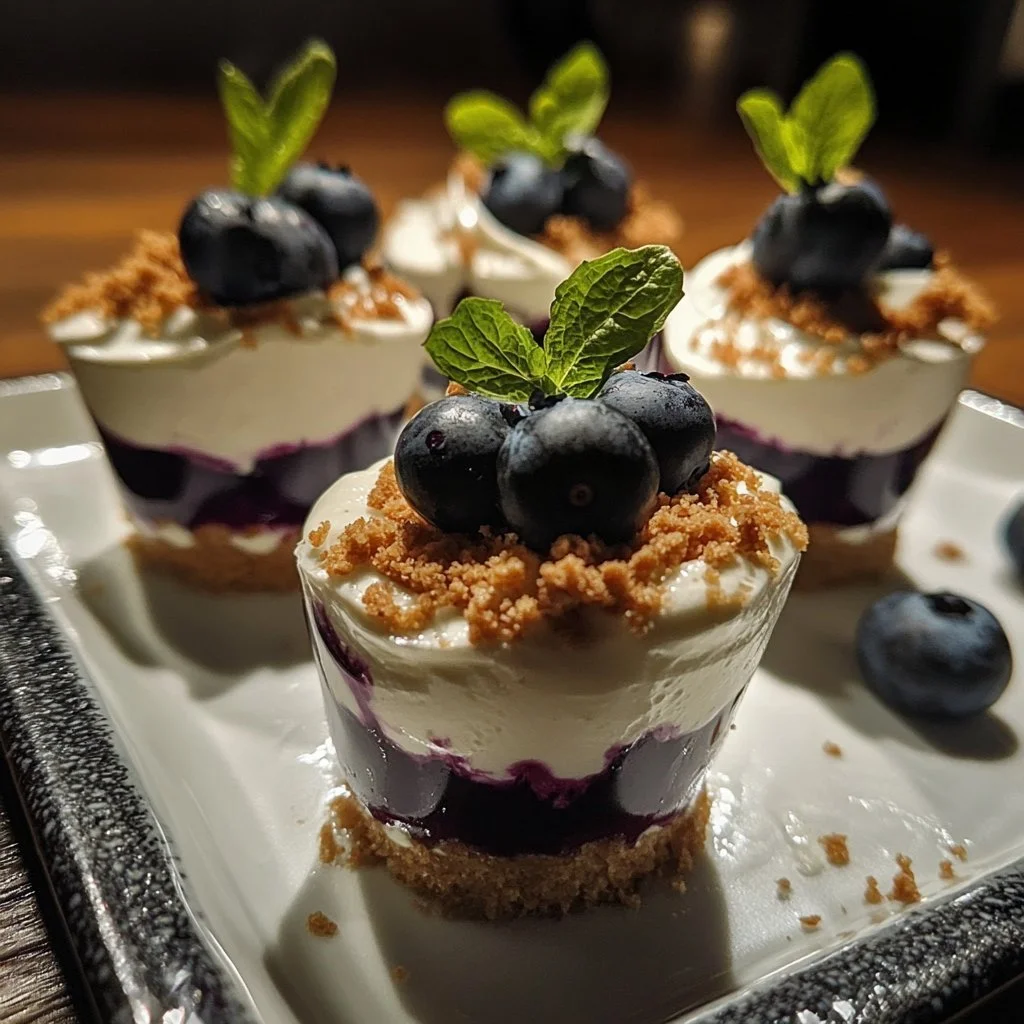 No-bake blueberry cheesecake shooters served in glass cups