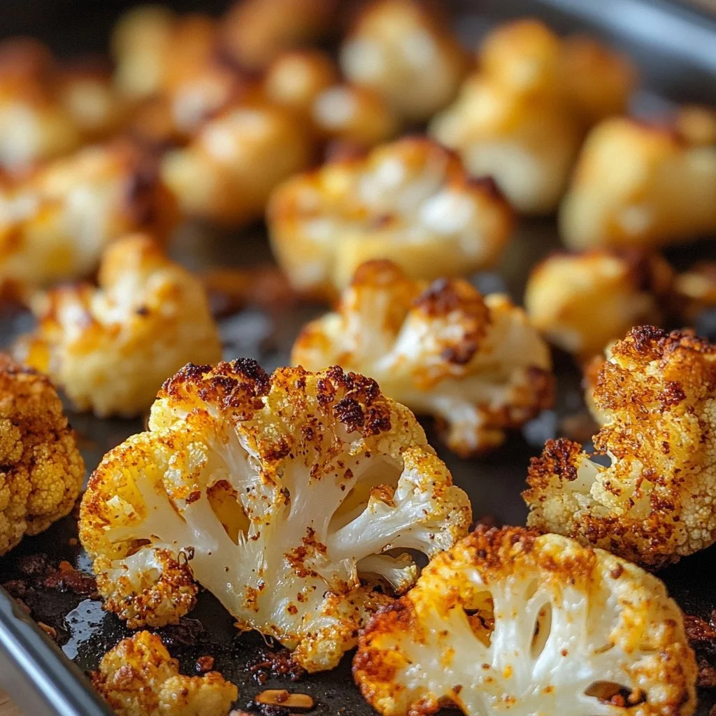 Delicious oven roasted cauliflower garnished with herbs and spices