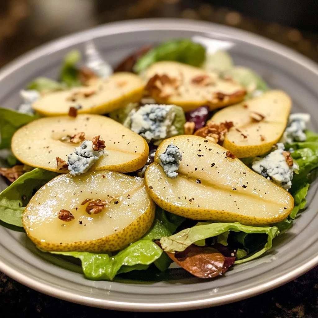 Delicious Pear Blue Cheese Salad featuring fresh greens and juicy pears