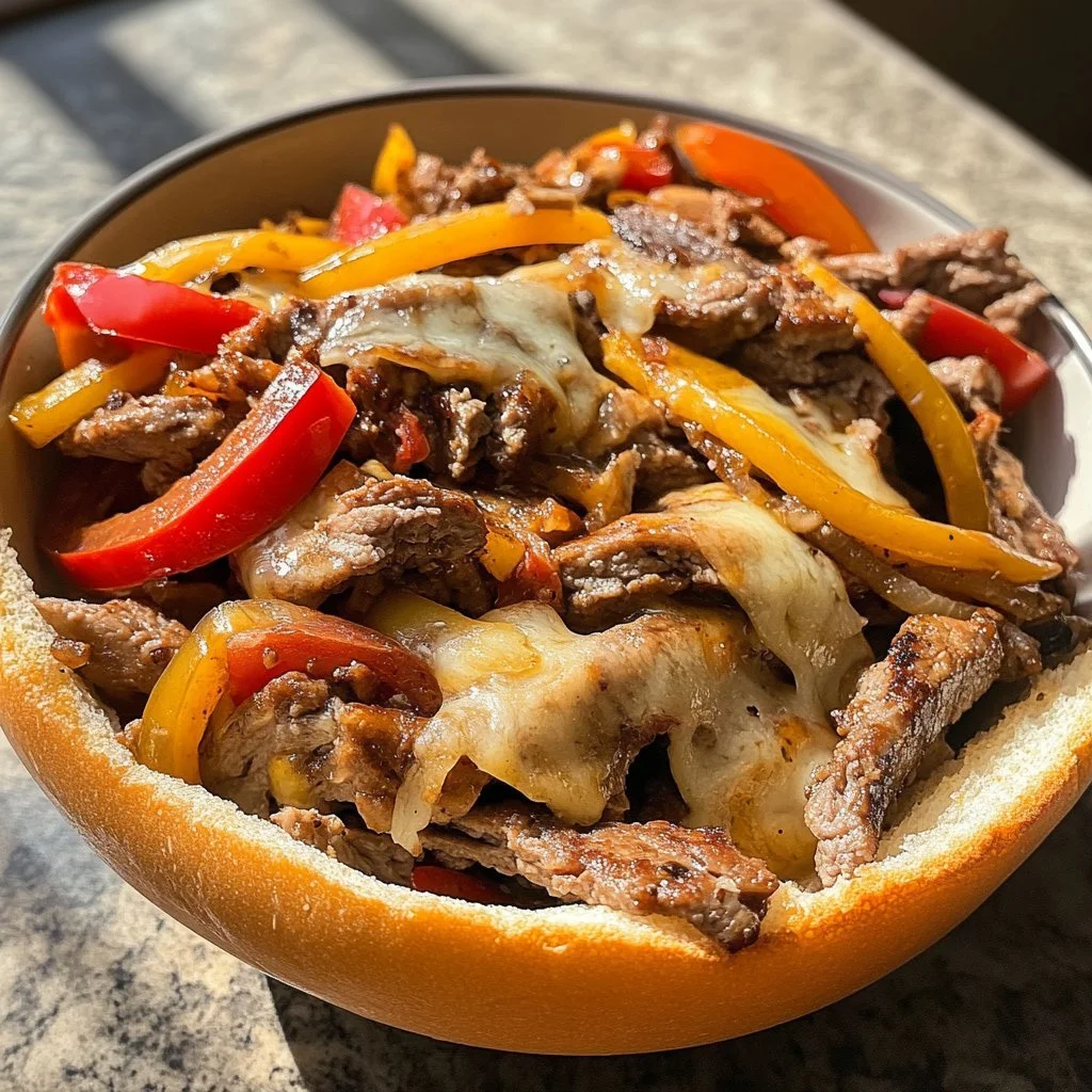 Philly Cheesesteak Bowl with beef, cheese, and vegetables in a bowl