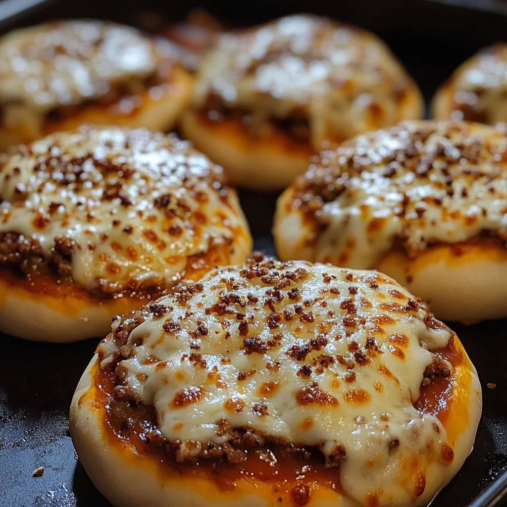 Delicious homemade Pizza Burgers stacked with toppings and melted cheese