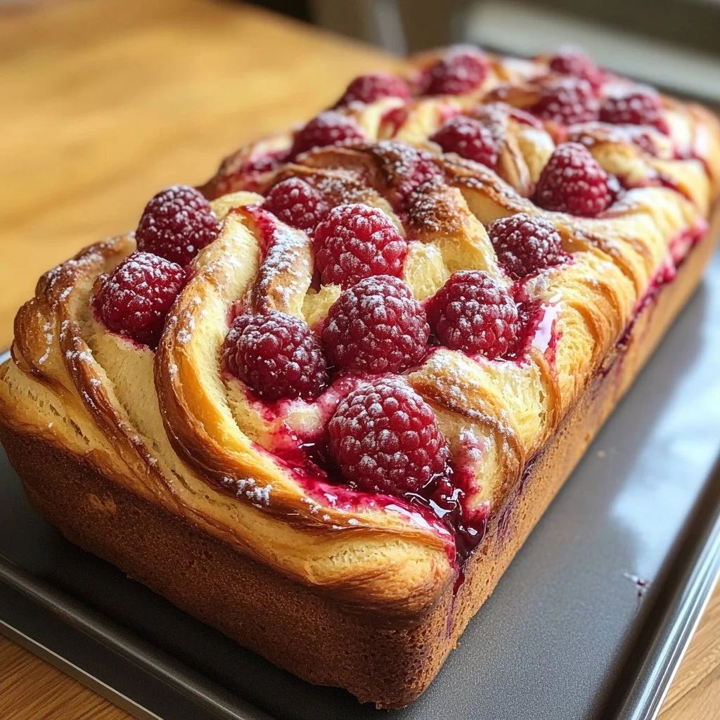 Freshly baked Raspberry Swirl Brioche Loaf with a vibrant raspberry swirl