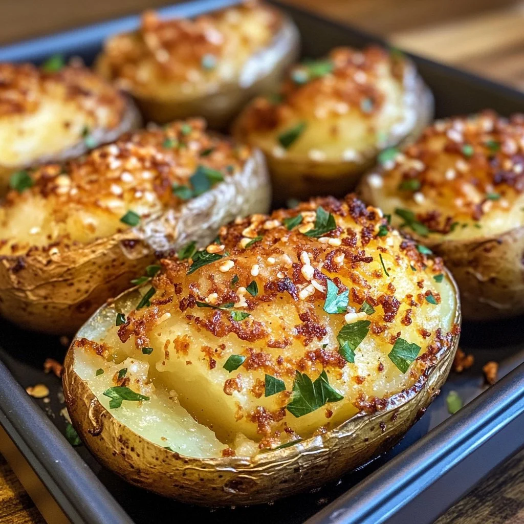 Delicious restaurant-style baked potatoes topped with butter and herbs.