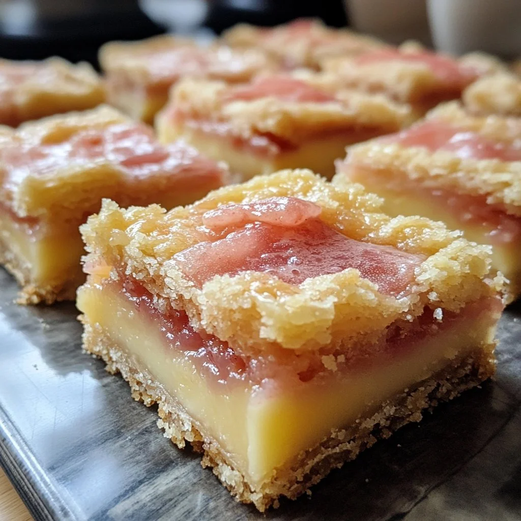 Delicious rhubarb custard bars with a creamy custard topping and tart rhubarb filling
