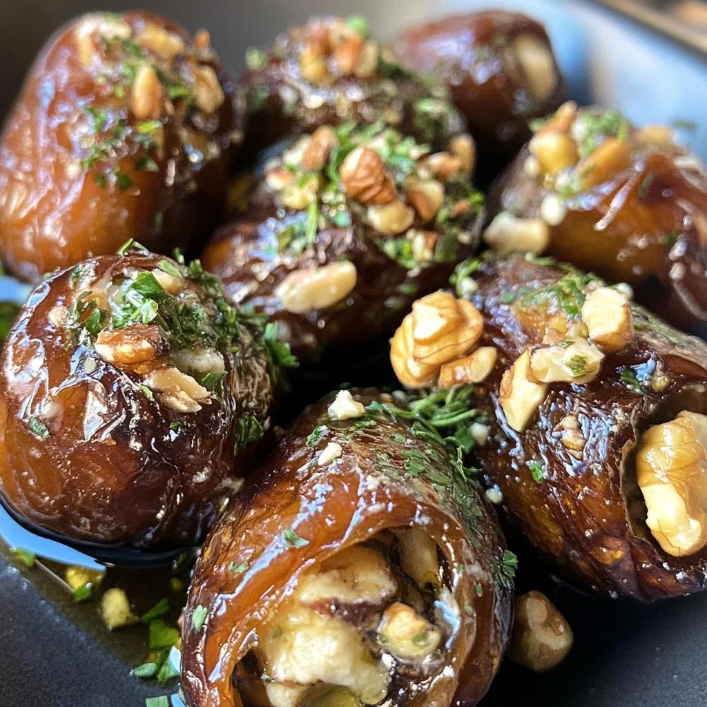 Roasted stuffed dates with goat cheese, nuts, and herbs served on a platter