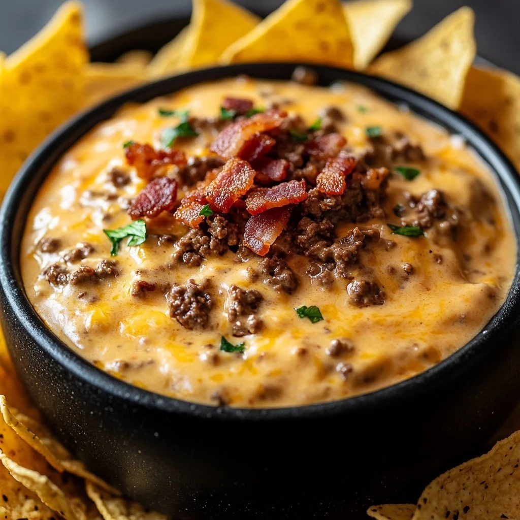 Sizzling bacon cheeseburger queso dip served in a bowl with tortilla chips